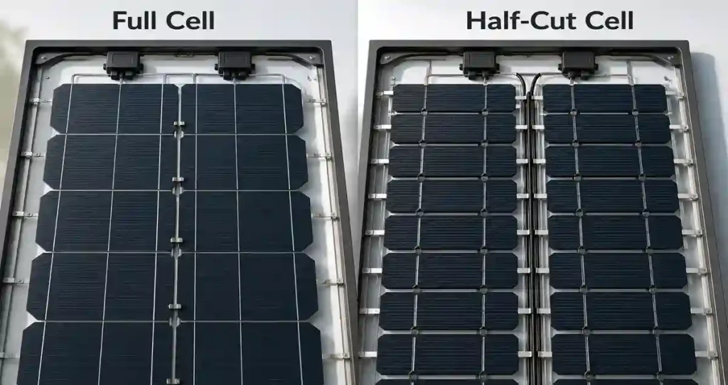 Engineering comparison of traditional full-cell and modern half-cut solar panels construction.