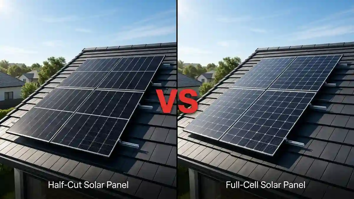 Comparison of half-cut vs full-cell solar panels installed on identical residential rooftops, highlighting differences in cell layout and modern photovoltaic technology.