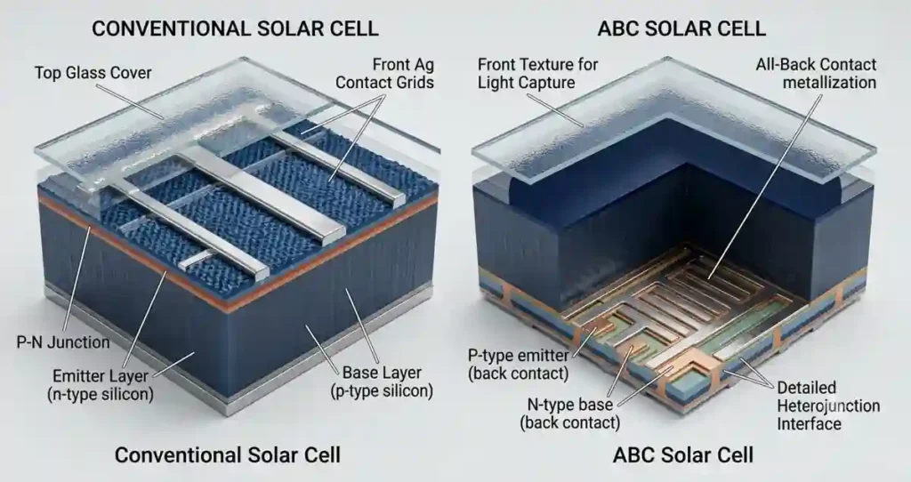 Close-up comparison between an IBC solar cell and a conventional front-contact solar cell