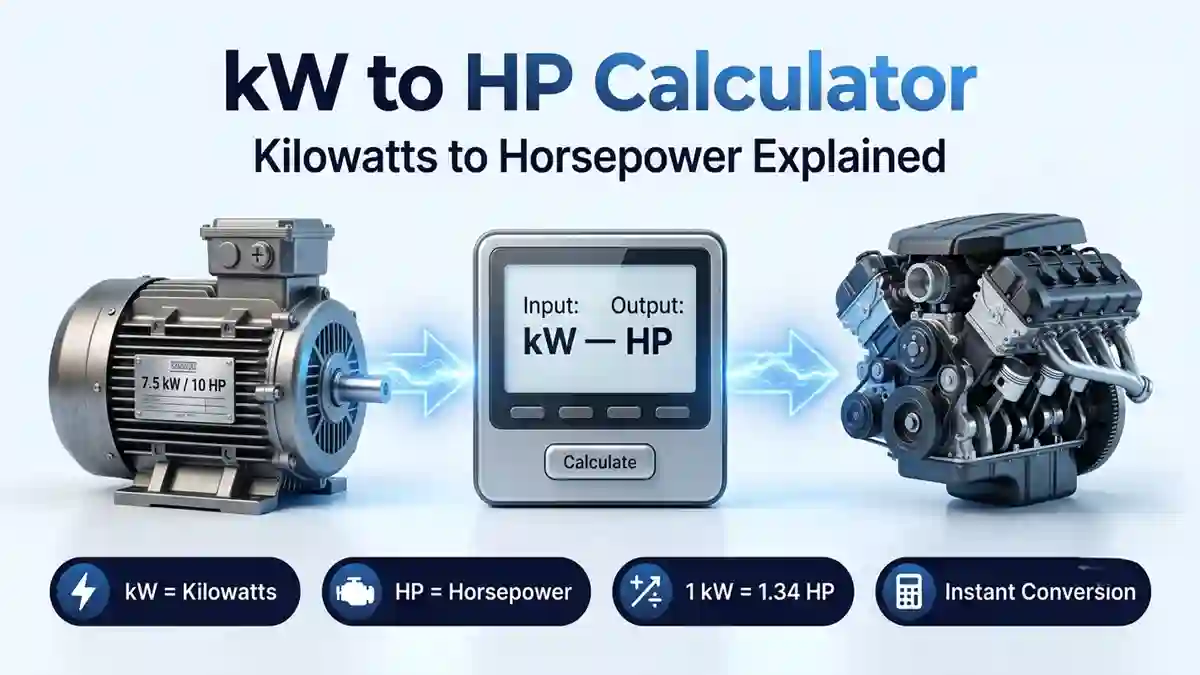 kW to HP Calculator showing a 7.5 kW 10 HP electric motor connected to a digital converter display and car engine block with formula 1 kW equals 1.34 HP