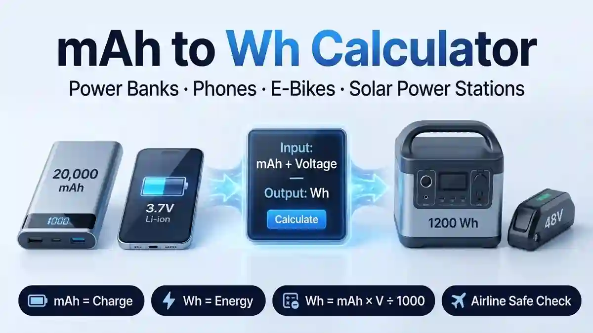 mAh to Wh Calculator showing 20000 mAh power bank, 3.7V phone battery, digital calculator display, 1200 Wh solar power station and 48V e-bike battery