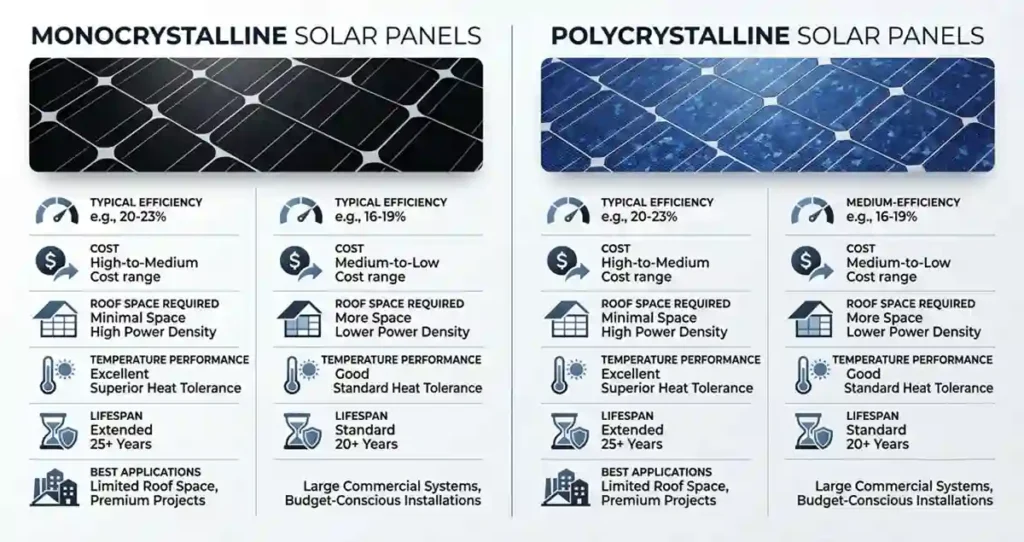 Side-by-side comparison of monocrystalline and polycrystalline solar panels showing appearance, efficiency, cost, and roof space requirements.