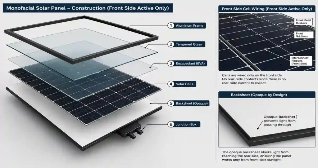Exploded view of a monofacial solar panel showing tempered glass, encapsulant, solar cells, opaque backsheet, aluminium frame, and junction box construction.