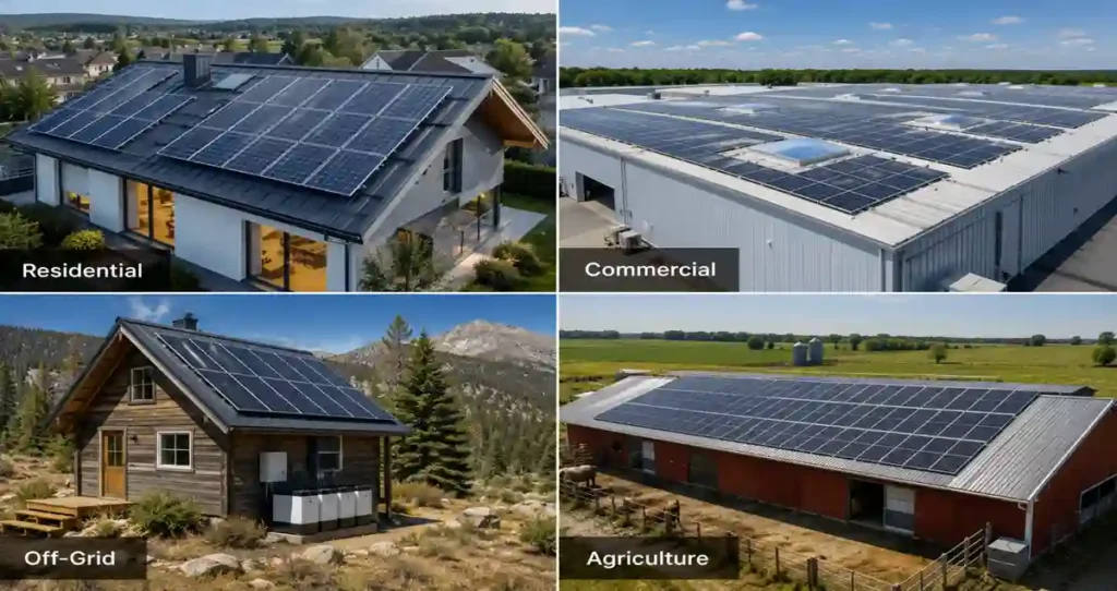 Applications of monofacial solar panels including residential rooftops, commercial buildings, off-grid systems, and agricultural facilities.