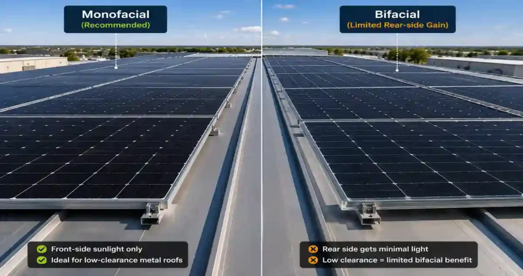 Comparison showing monofacial solar panels and bifacial solar panels installed on a low-clearance standing seam metal roof where rear-side energy generation is limited.