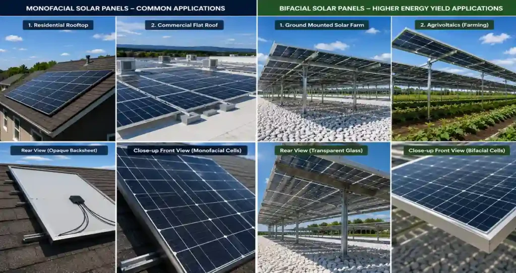 Real-world applications of bifacial solar panels including ground-mounted solar farms, commercial rooftops, solar carports, and agrivoltaic farming systems.