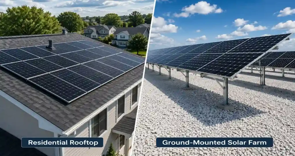 Comparison showing monofacial solar panels and bifacial solar panels installed on a low-clearance standing seam metal roof where rear-side energy generation is limited.