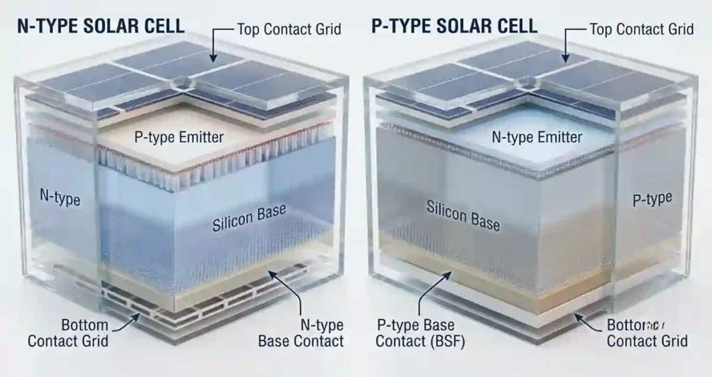 Internal structure of N-Type and P-Type solar cells.
