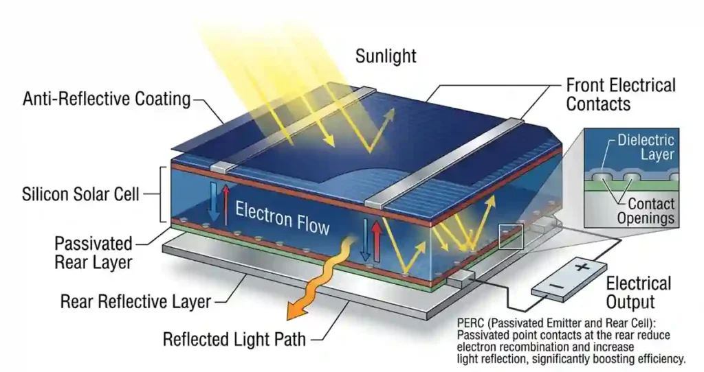 Cross-sectional view illustrating how a PERC solar panel improves light absorption.