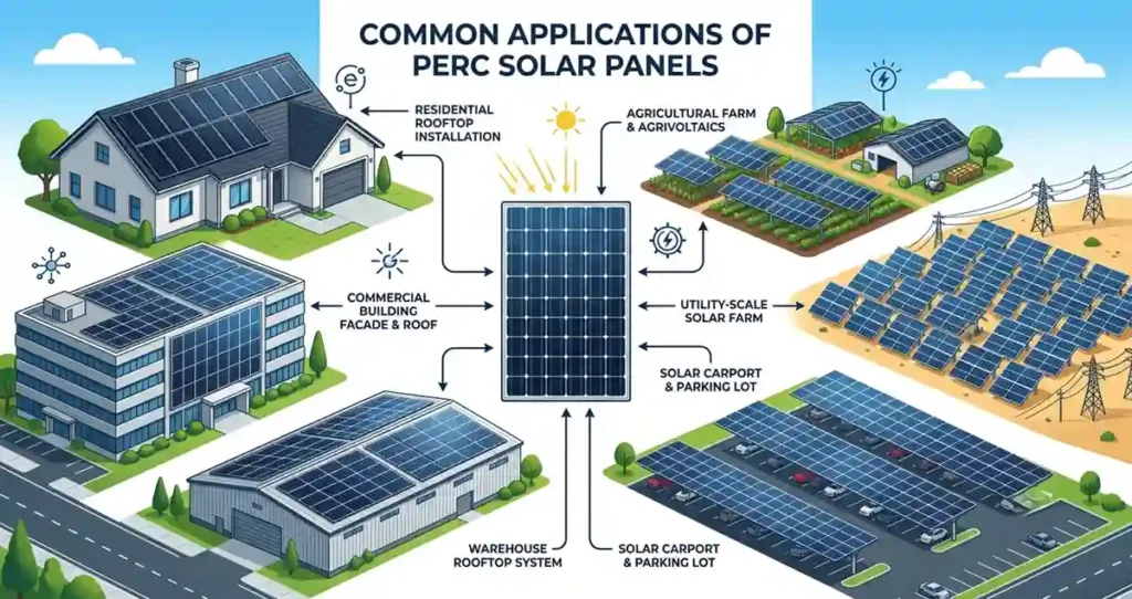 Commercial rooftop installation using PERC solar panels on an industrial building