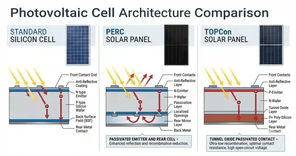 Visual comparison of standard, PERC solar panel, and TOPCon solar panel technologies.