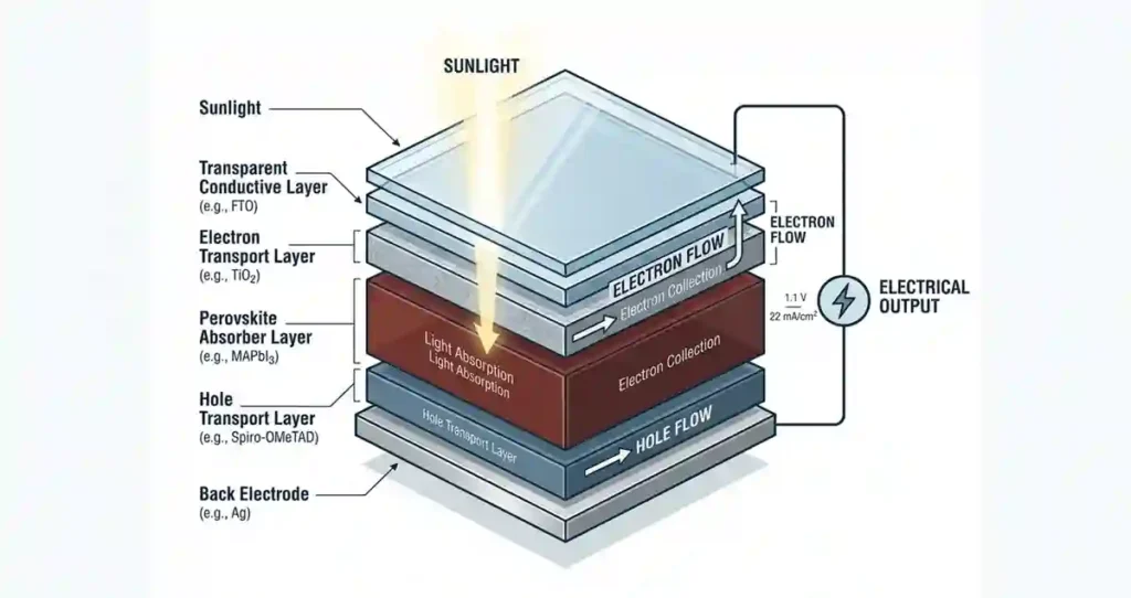 Labeled engineering diagram showing the internal structure of a Perovskite solar panels