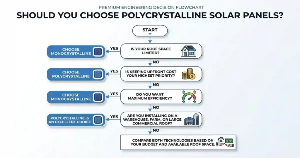 Engineering decision flowchart showing when to choose polycrystalline or monocrystalline solar panels based on budget, roof space, and efficiency requirements.