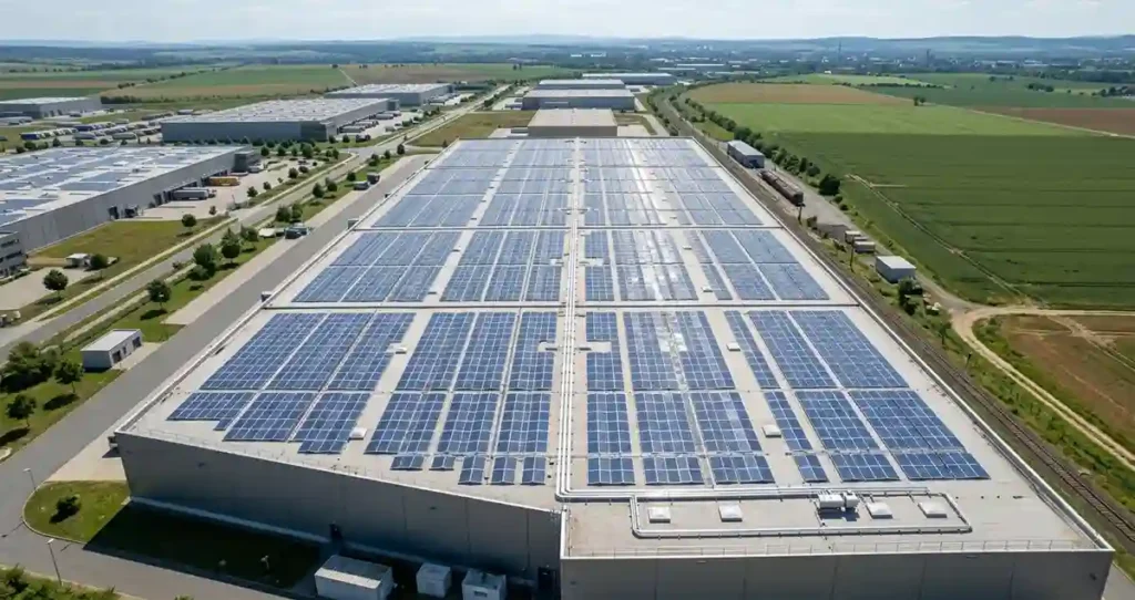 Polycrystalline solar panels installed on a warehouse roof for commercial solar power generation.