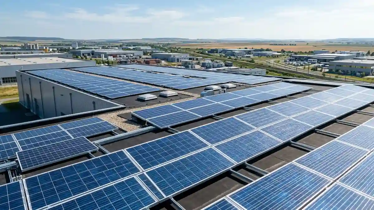 Polycrystalline solar panels installed on a large commercial rooftop under bright sunlight.