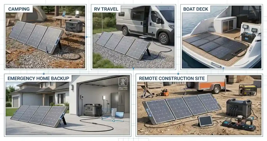 Portable solar panels used for camping, RV travel, boats, emergency backup, and remote worksites.