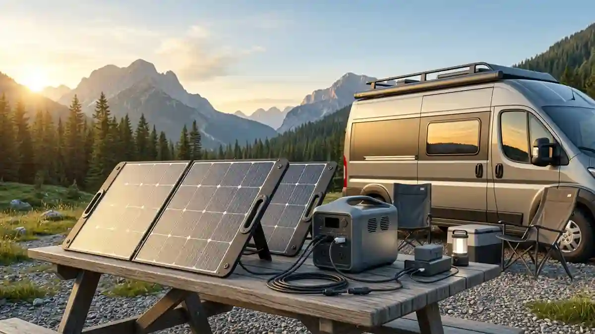 Portable solar panels charging a power station beside an RV campsite during sunrise.