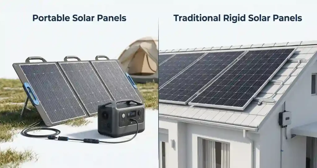 Side-by-side comparison of portable solar panels and traditional rigid rooftop solar panels, highlighting their different designs, mounting methods, and applications.