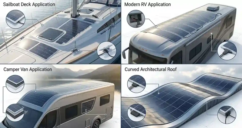 Skin solar panels used on boats, RVs, camper vans, curved roofs, and portable off-grid applications.