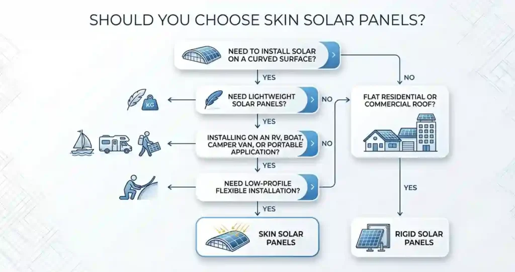 Engineering decision flowchart showing when skin solar panels are the right choice for a solar installation.