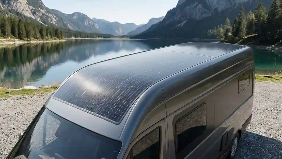 Skin solar panels installed on a curved RV roof demonstrating flexible thin-film photovoltaic technology.