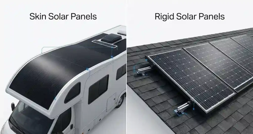 Visual comparison between skin solar panels installed on a curved surface and rigid solar panels mounted on a flat roof.