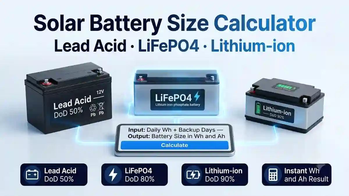 Photorealistic 3D infographic comparing Lead Acid, LiFePO4, and Lithium-ion batteries connected to a solar battery size calculator, illustrating depth of discharge (DoD) and instant battery sizing in Wh and Ah for solar energy systems.