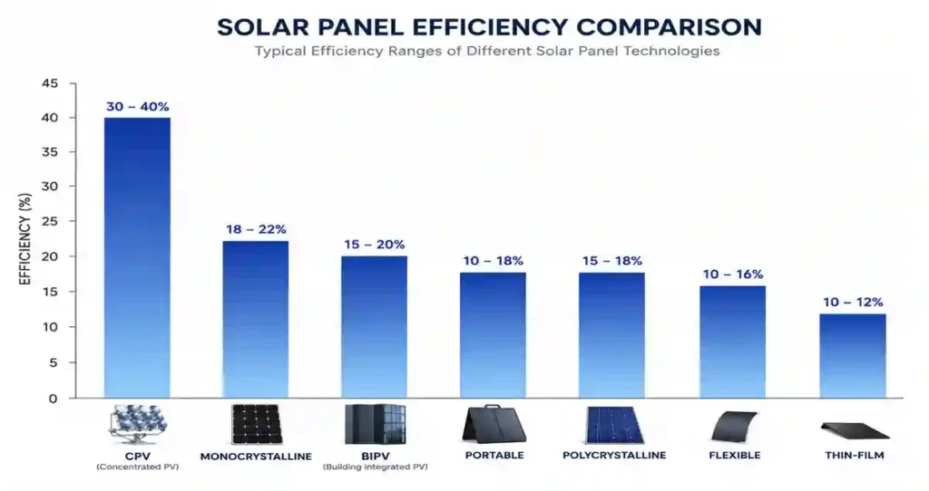 types of Solar panel efficiency comparison chart showing CPV, monocrystalline, polycrystalline, BIPV, portable, flexible and thin-film solar panels.