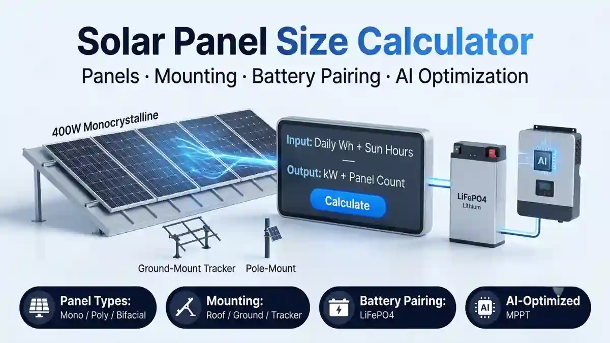 Solar Panel Size Calculator showing 400W monocrystalline panels, ground mount tracker, pole mount, digital calculator display, LiFePO4 lithium battery and AI optimized hybrid inverter