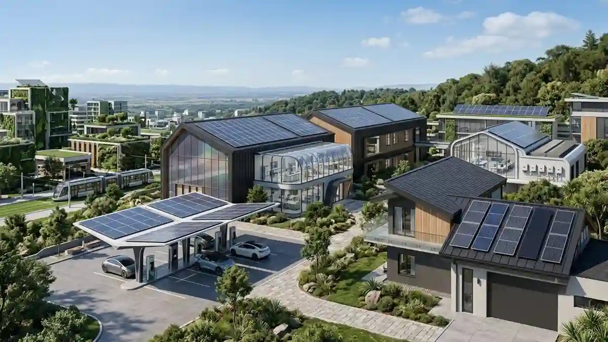 Solar panel technology featuring TOPCon, HJT, PERC, ABC, IBC, Perovskite, and Tandem photovoltaic systems in a futuristic renewable energy city.