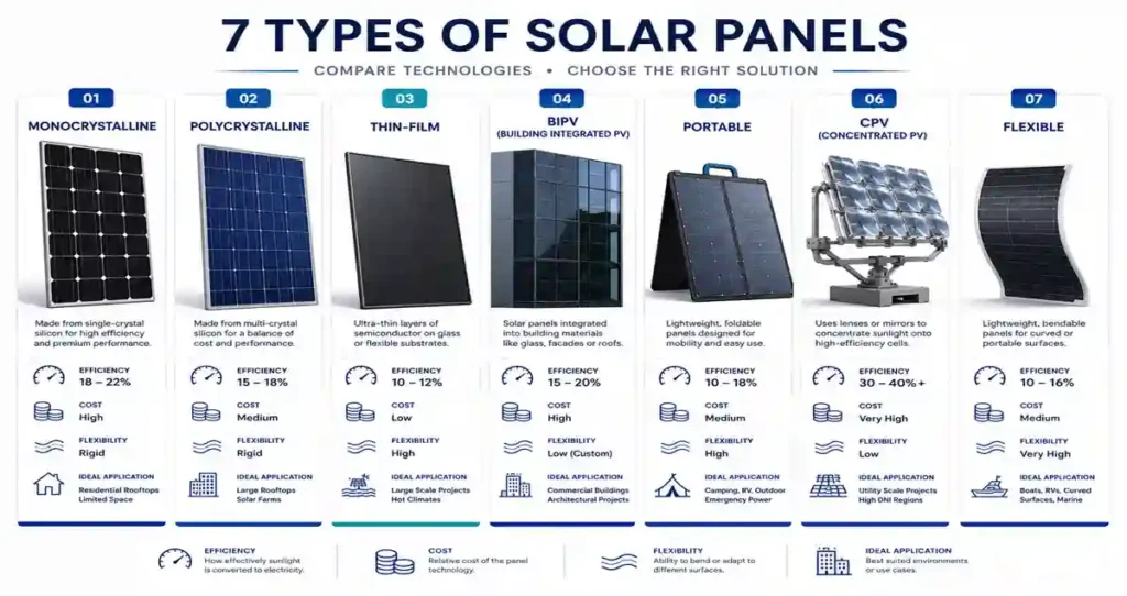 Overview comparison of the seven different types of solar panels with efficiency, cost and best applications.