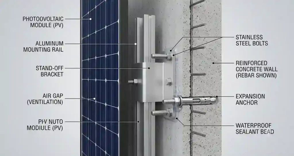 Cross-sectional view of a solar panel wall mounting bracket attached to a concrete wall.