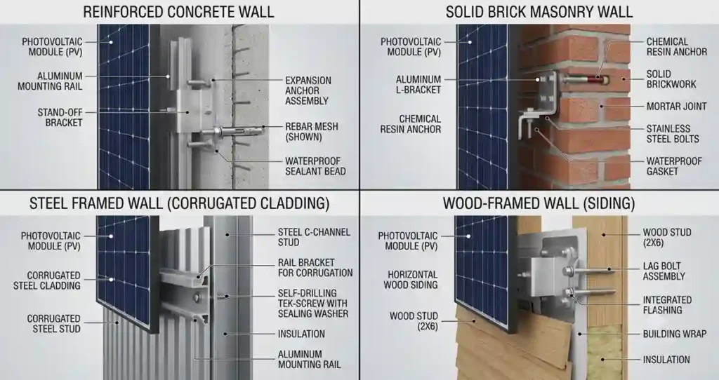 Comparison of solar panel mounting methods on concrete, brick, steel and wood walls.