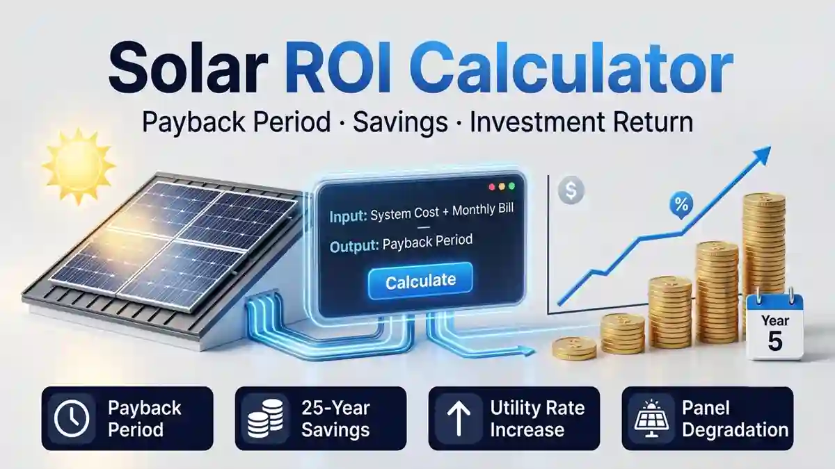 Solar ROI Calculator showing rooftop solar panels connected to a digital calculator display with growing coin stacks and rising savings graph reaching Year 5 payback