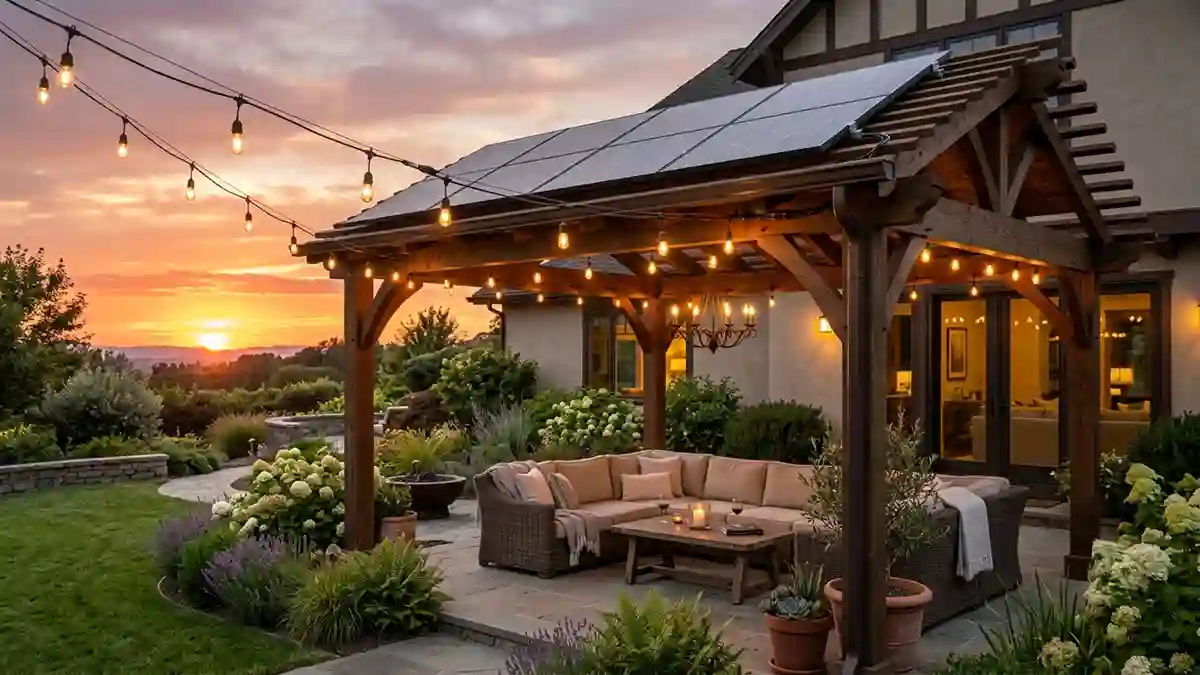 Solar string lights installed over an outdoor patio with a properly positioned solar panel.