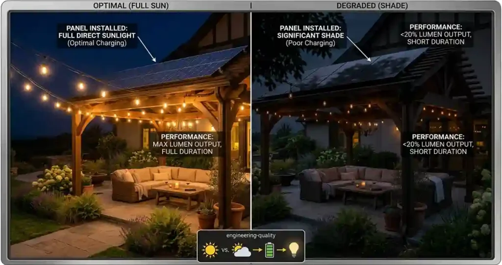 Correct and incorrect solar panel placement for solar string lights.