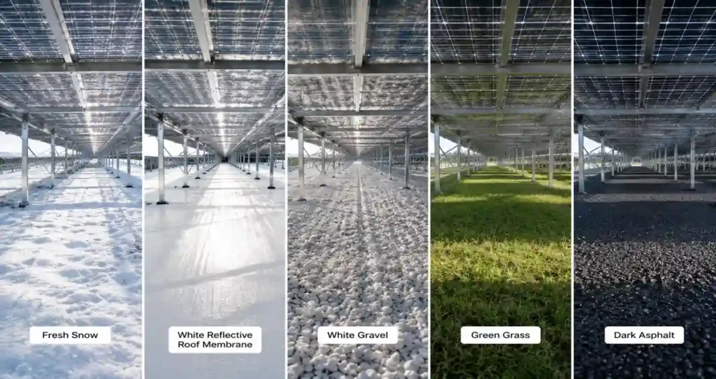 Photorealistic engineering visualization demonstrating how the albedo effect improves bifacial solar panel performance by reflecting sunlight from bright ground surfaces onto the rear side of transparent glass-glass modules.
