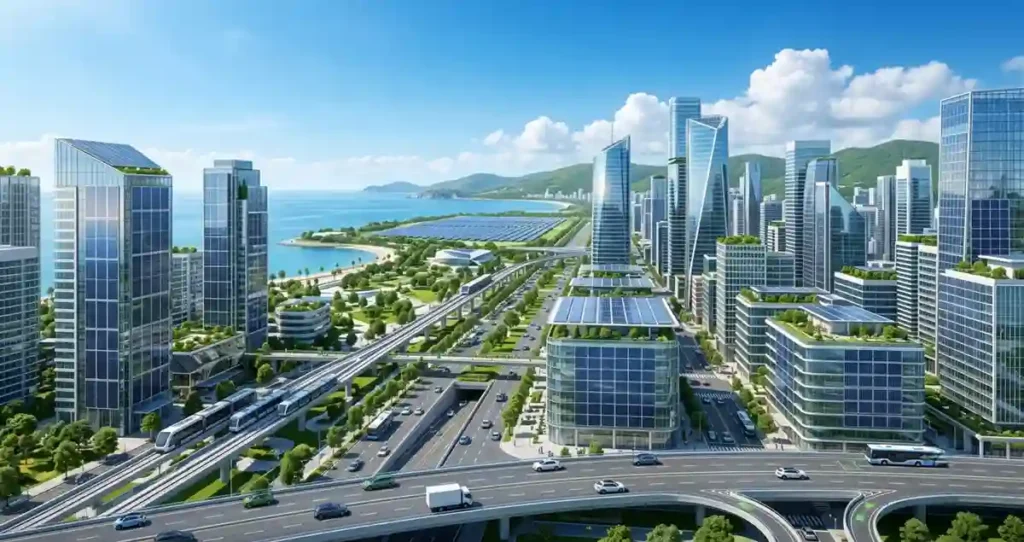 Tandem solar panels integrated into modern smart city infrastructure.