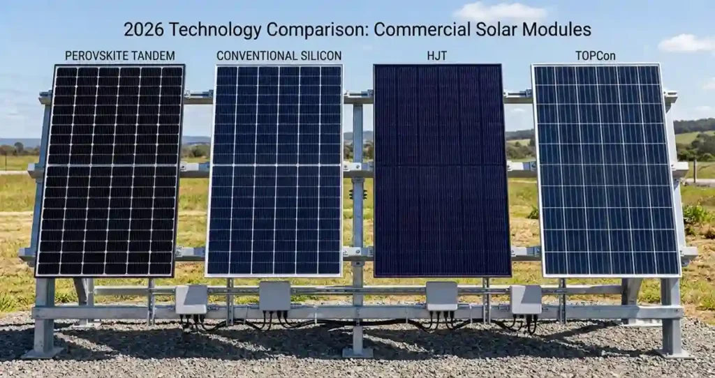 Tandem solar panels compared with TOPCon, HJT, and conventional solar panels.