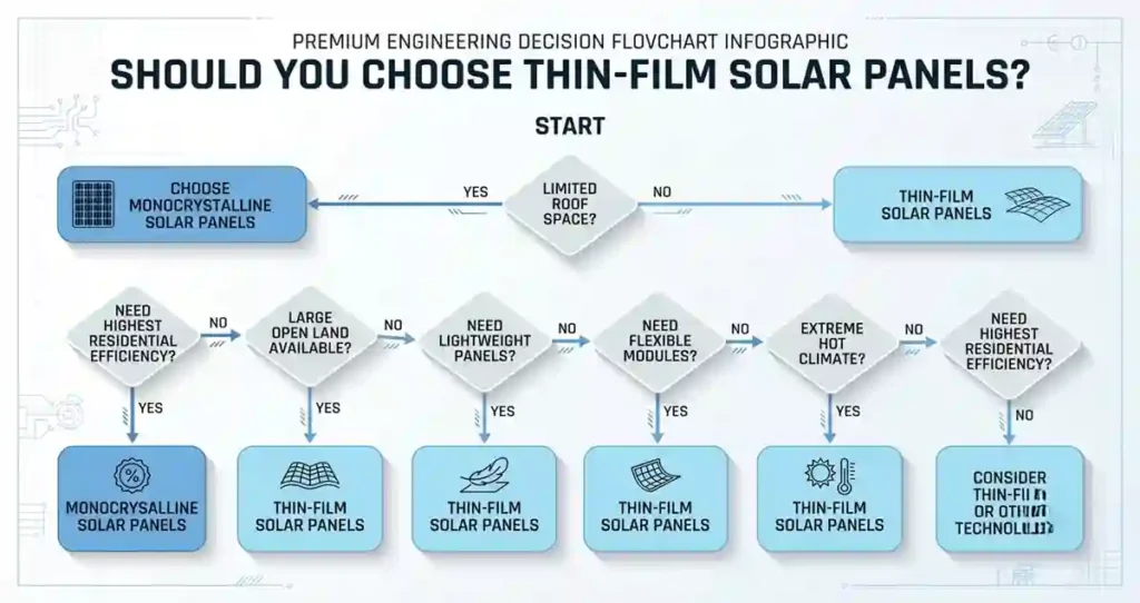 Engineering decision flowchart showing when thin-film solar panels are the best choice.