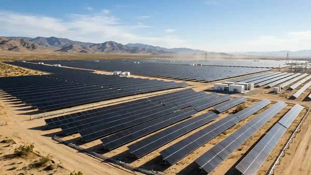 Thin-film solar panels installed on a large utility-scale solar farm in a hot desert environment.