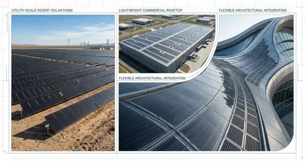 Thin-film solar panels installed on a commercial warehouse roof and utility-scale solar farm.