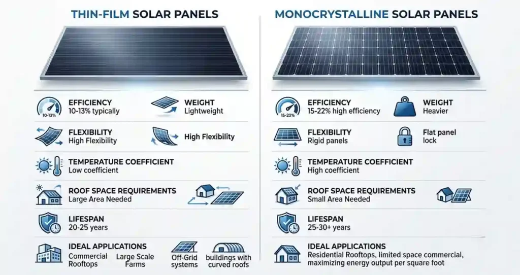 Comparison between thin-film and monocrystalline solar panels showing efficiency, weight, flexibility, and ideal applications.