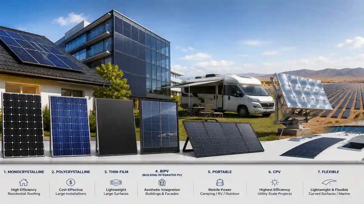 Types of solar panels comparison including monocrystalline, polycrystalline, thin-film, BIPV, portable, CPV and flexible solar panels.