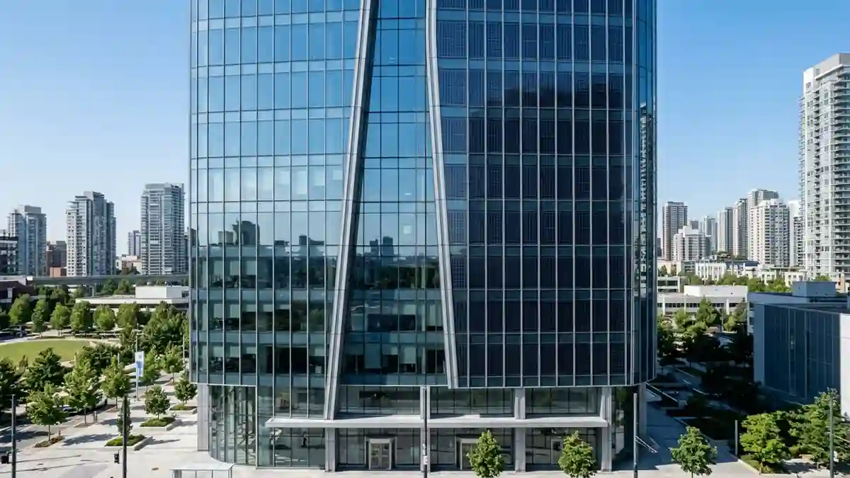 Modern commercial building with a Building Integrated Photovoltaic (BIPV) wall facade solar mounting system.