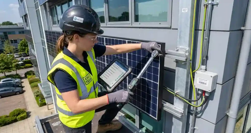 Engineer inspecting wall mounted solar panel installation.