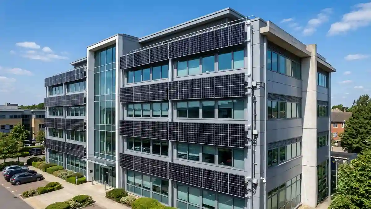 Wall mounted solar panels installed on the exterior wall of a commercial building using aluminum mounting brackets.