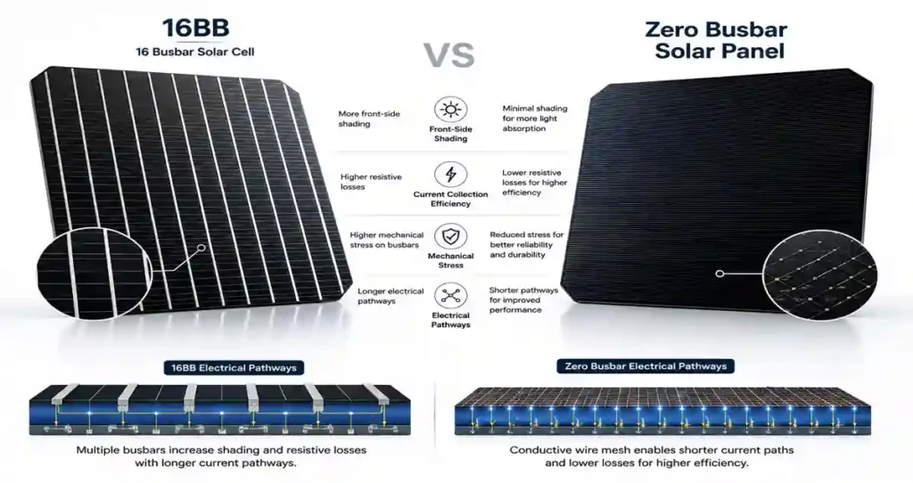 16BB photovoltaic cell compared with a Zero Busbar Solar Panel.