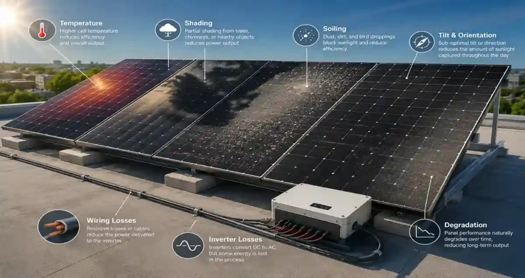 Factors that reduce Solar Panel Efficiency including temperature, shading, soiling, wiring losses and degradation.
