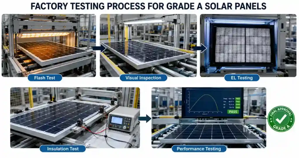 Factory testing process used to verify Grade A solar panels.